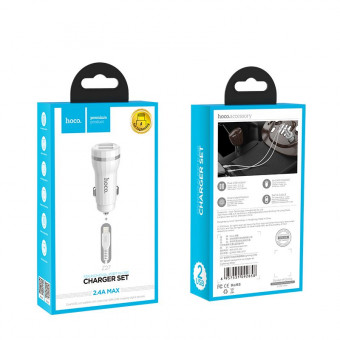 HOCO Z27 autós töltő 2 x USB aljzat (2400mA + Lightning kábel), Fehér