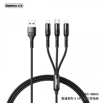 Remax adatkábel 3in1, USB - Lightning/ Type C/ Micro USB 3,1 A, 2m, fekete RC-186th
