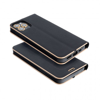 LUNA Gold könyvtok iPhone 15 Pro fekete, arany szegéllyel