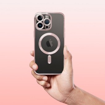 iPhone 14 Pro Magsafe képes szilikon tok, rose gold/átlátszó, kamera védővel, prémium dobozos