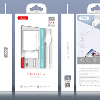 Xo L35D hálózati töltő + lightning kábel, fehér , 5V 2,1 A