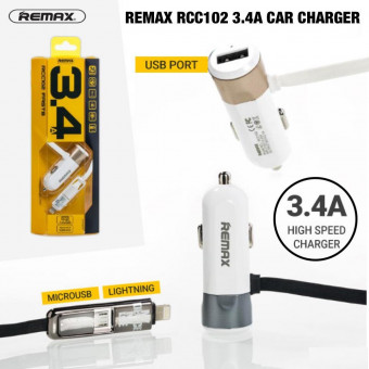 Remax autós töltő, lightning+micro usb csatlakozós kábellel 1M, + USB , 3.4A sárga doboz